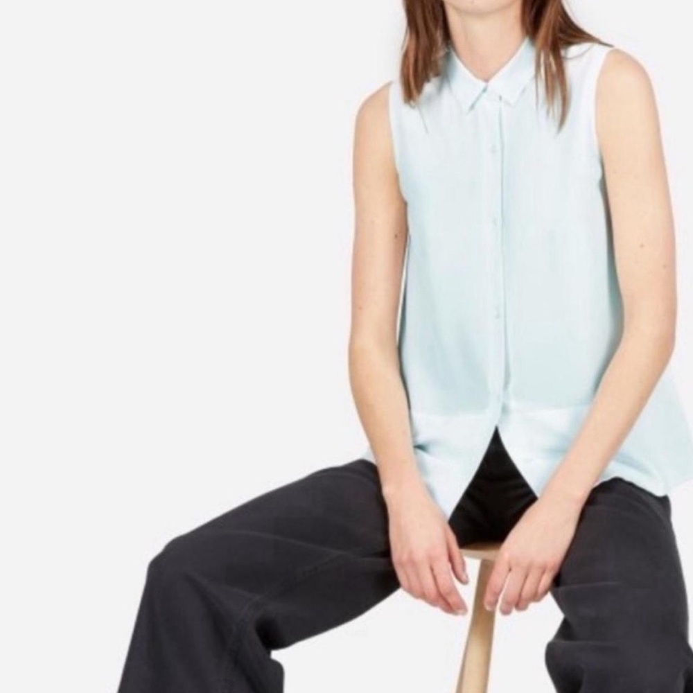 Everlane Clean Silk Relaxed Sleeveless Shirt Aqua Light Blue 2